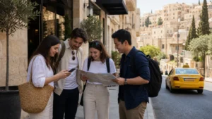 Traveller using a smartphone in Jordan for internet in jordan for tourists: esim, sim and wi-fi
