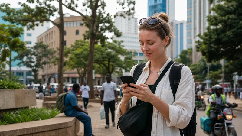 Kampala city centre traveller using smartphone.