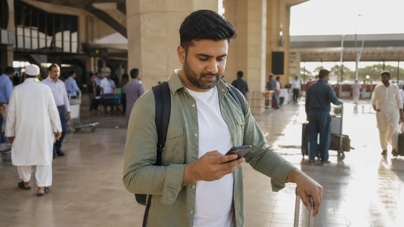 Arriving traveller using a smartphone at Karachi Airport