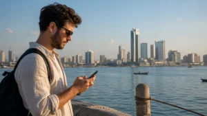 Traveller using mobile data beside the Karachi waterfront