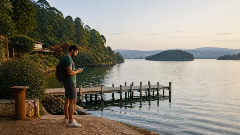 Traveller using a smartphone beside Lake Kivu in Karongi