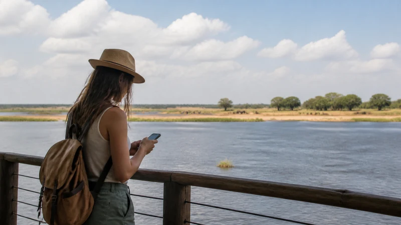 Kasane riverfront traveller using smartphone.