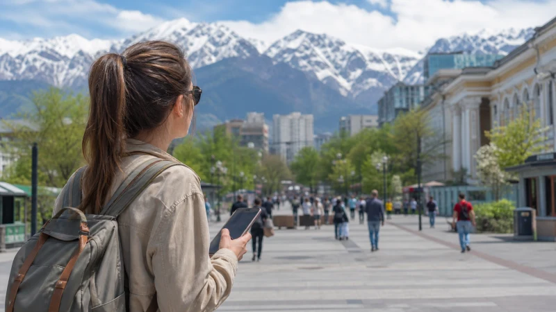 Tourist using a smartphone in central Almaty.