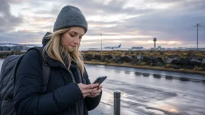 Traveller using a smartphone outside Keflavík Airport in Iceland