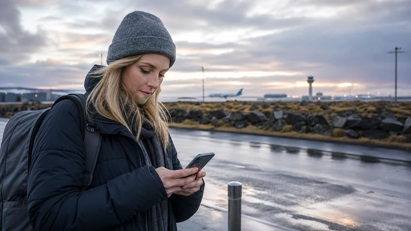 Traveller using a smartphone outside Keflavík Airport in Iceland