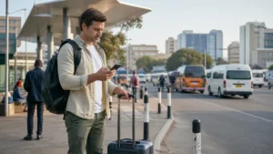 Traveller using a smartphone during a trip in Kenya