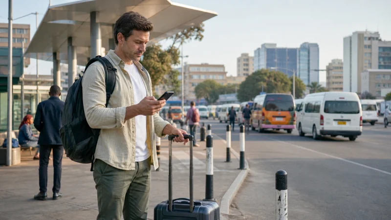 Traveller using a smartphone during a trip in Kenya