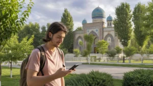 Traveller using a smartphone for internet in khujand for tourists: esim, wi-fi and mobile data