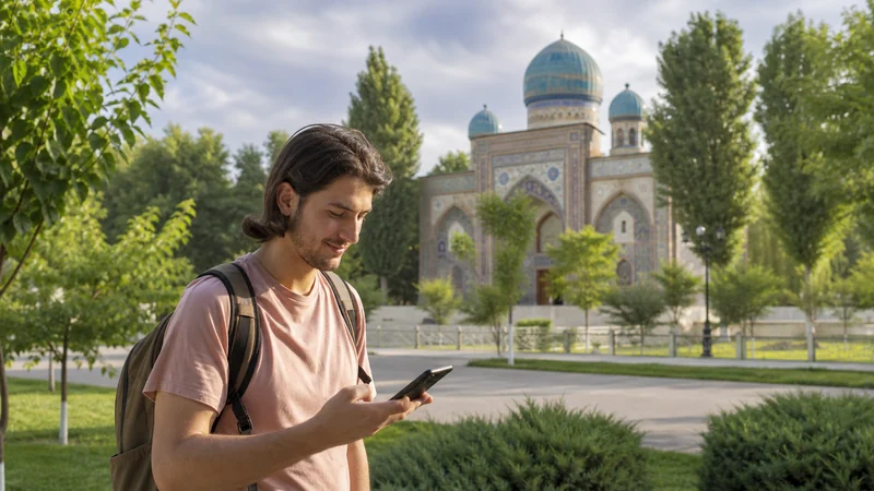 Traveller using a smartphone for internet in khujand for tourists: esim, wi-fi and mobile data