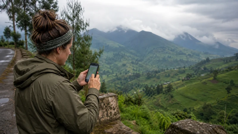 Kisoro gateway traveller preparing offline maps.