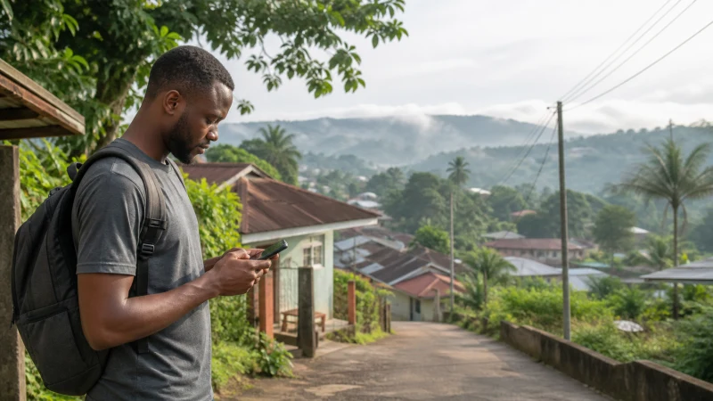 Traveller using a smartphone on a green hillside in Koforidua