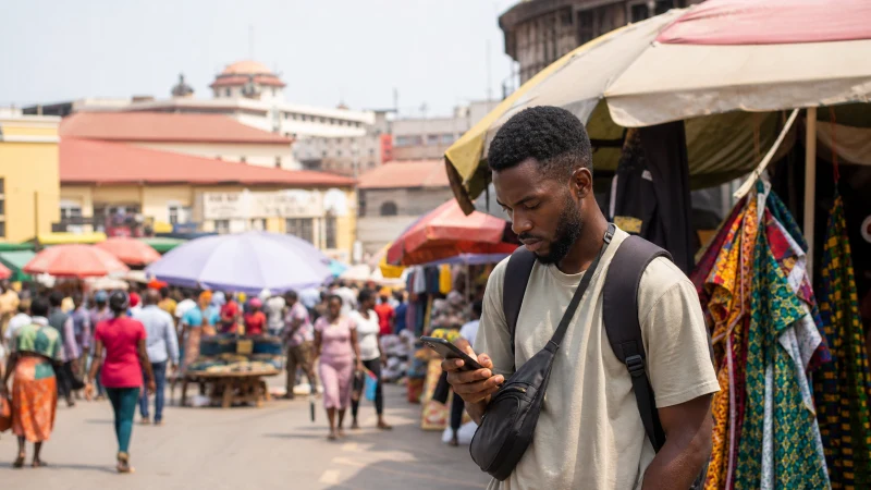 Traveller using a smartphone near a market street in Kumasi