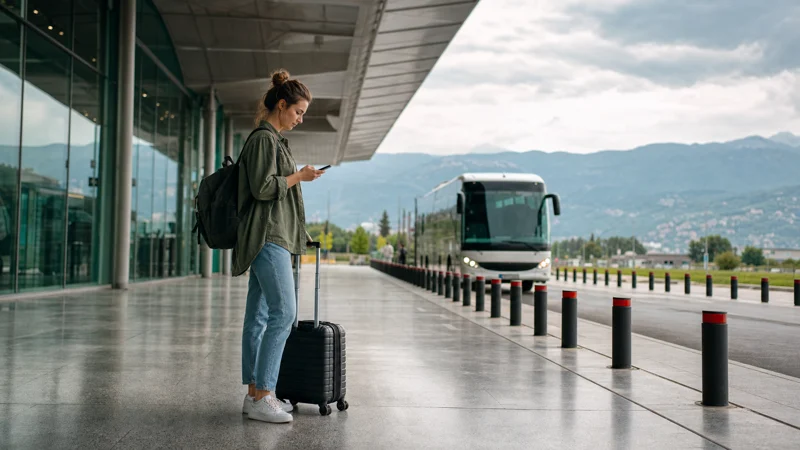 Traveller checking a smartphone before an onward bus at Kutaisi International Airport