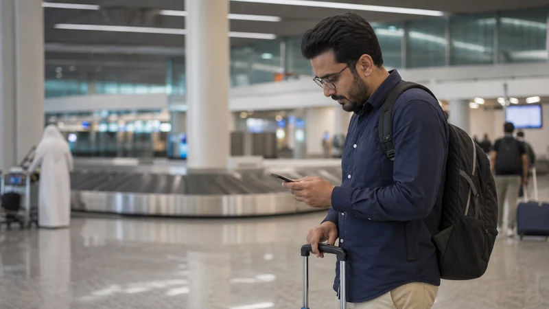 Traveller using a smartphone in a Kuwait setting related to getting online at kuwait international airport