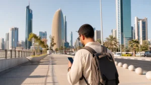 Traveller using a smartphone in a Kuwait setting related to how tourists can stay connected in kuwait city