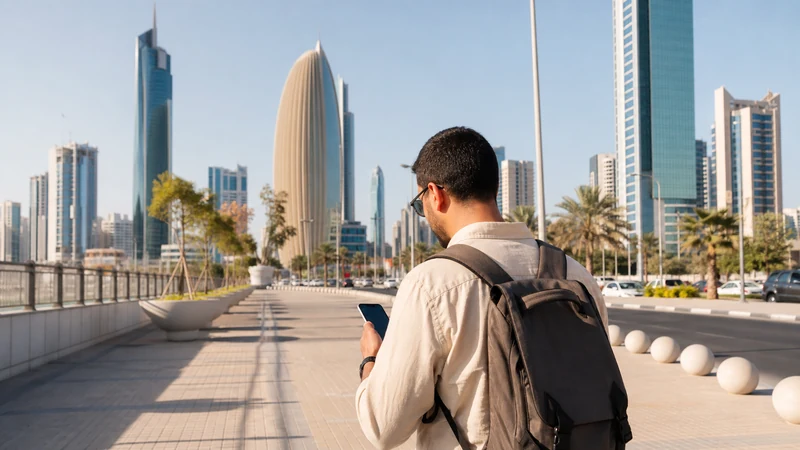 Traveller using a smartphone in a Kuwait setting related to how tourists can stay connected in kuwait city