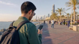 Traveller using a smartphone in a Kuwait setting related to a traveller’s guide to mobile internet in kuwait