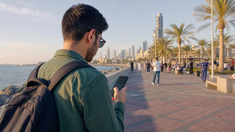 Traveller using a smartphone in a Kuwait setting related to a traveller’s guide to mobile internet in kuwait