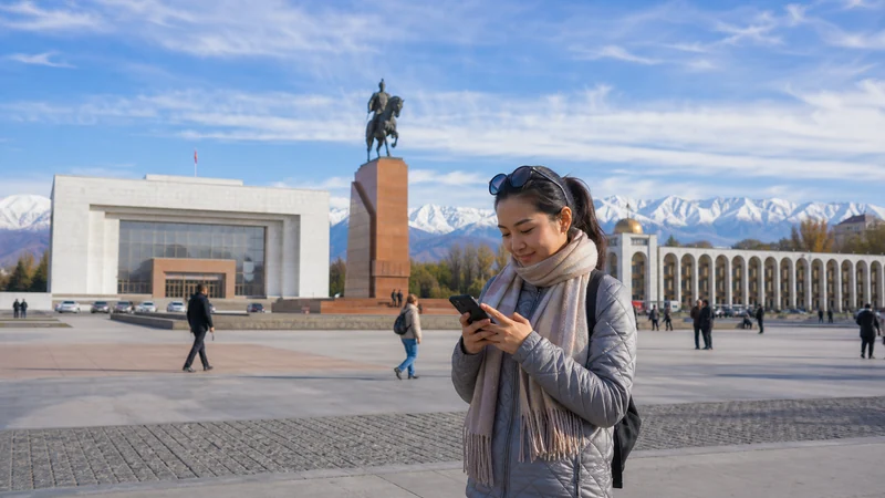 Traveller using a smartphone in Kyrgyzstan for internet kyrgyzstan tourists