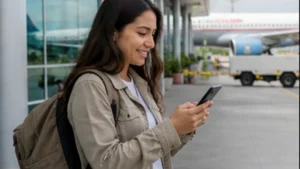 Traveller using a smartphone in Guatemala for internet la aurora airport