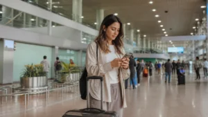 Traveller using a smartphone in Peru for internet lima airport