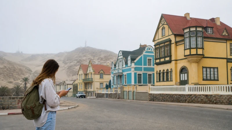Traveller using a smartphone in Namibia while staying connected in Lüderitz