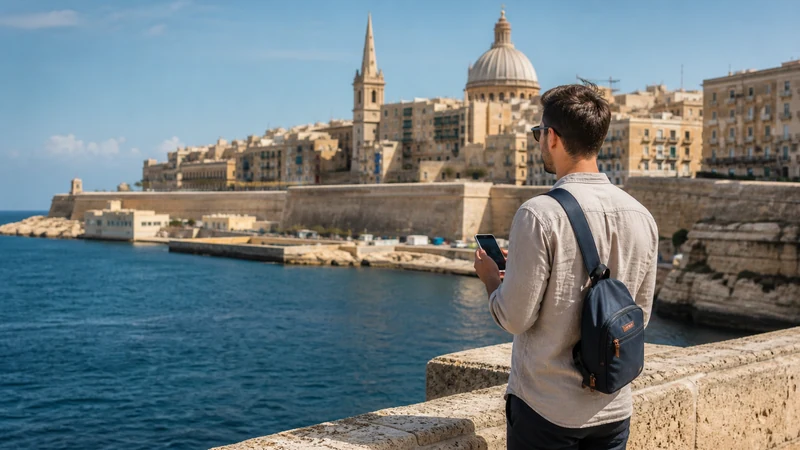 Traveller using a smartphone in Malta while staying connected in Malta