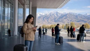 Traveller using a smartphone in Kyrgyzstan for internet manas airport