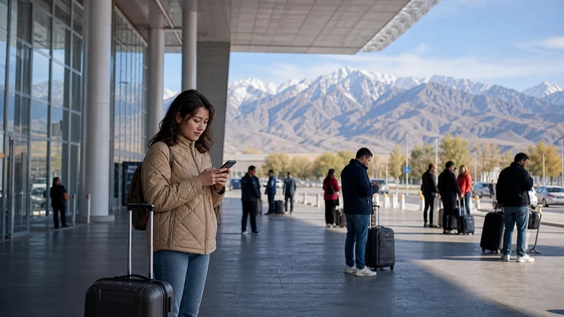 Traveller using a smartphone in Kyrgyzstan for internet manas airport