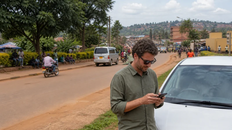 Masaka travel stop with a visitor using a smartphone.