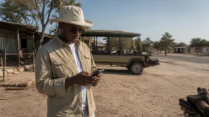 Maun traveller using phone before a delta excursion.