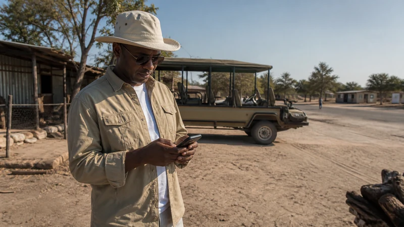 Maun traveller using phone before a delta excursion.