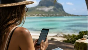 Traveller using a smartphone in Mauritius while researching internet in mauritius for tourists: complete connectivity guide