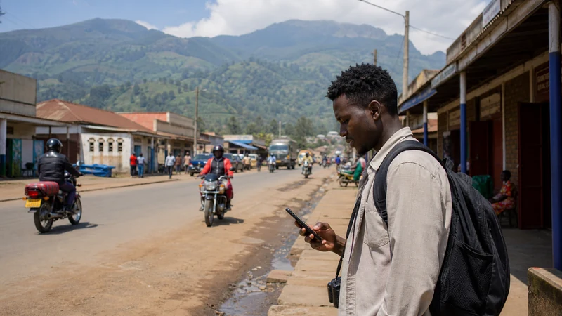 Mbale street scene with a traveller using a smartphone.