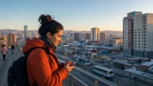 Traveller using a smartphone in Mongolia for internet mongolia tourists