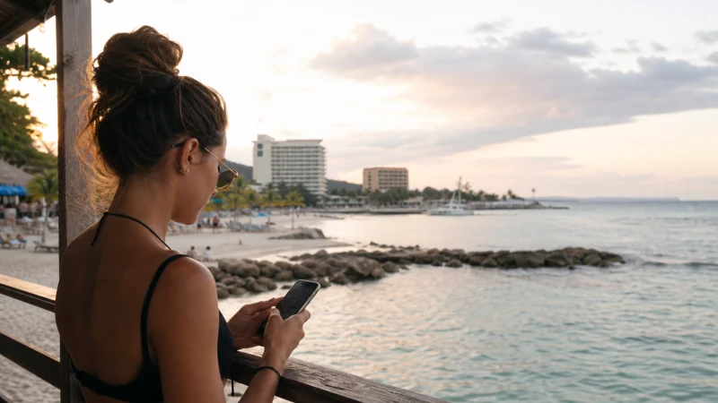 Traveller using a smartphone in Jamaica while staying connected in Montego Bay