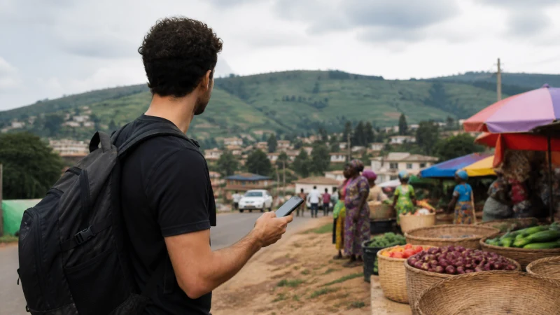 Traveller checking a smartphone near a market in Muhanga