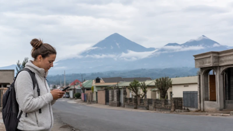 Traveller using a smartphone with Virunga volcanoes near Musanze