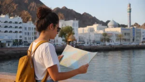 Traveller using a smartphone during tourist in Muscat