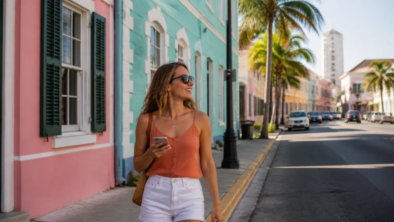 Tourist using a smartphone on a colourful street in Nassau