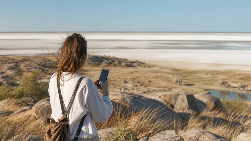 Nata travel stop with smartphone and salt-pan landscape.