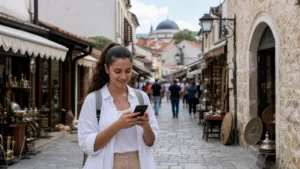 Traveller using a smartphone during internet in north macedonia for tourists in North Macedonia.