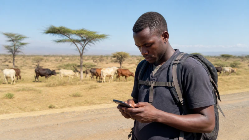Traveller using a smartphone in the open landscape near Nyagatare
