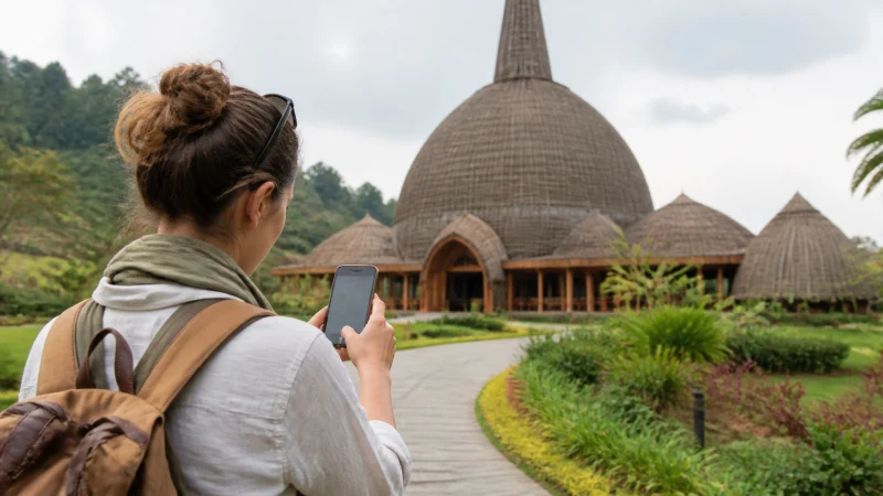 Traveller using a smartphone near traditional architecture in Nyanza