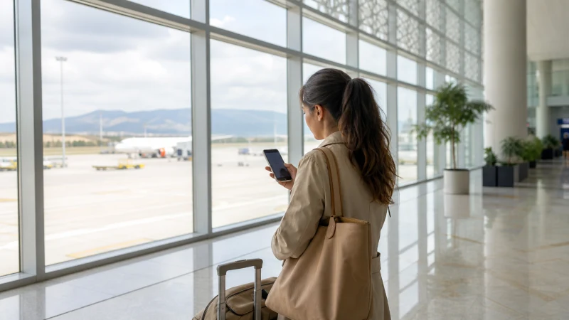 Traveller using a smartphone inside Oran Airport in Algeria