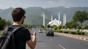 Tourist using mobile navigation in central Islamabad