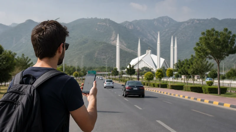 Tourist using mobile navigation in central Islamabad
