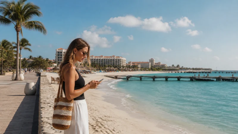 Traveller using mobile internet on Palm Beach Aruba