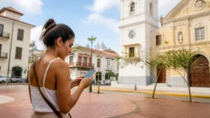 Traveller using a smartphone in Panama for internet panama city tourists