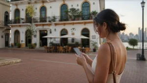Traveller using a smartphone in Panama for internet panama tourists